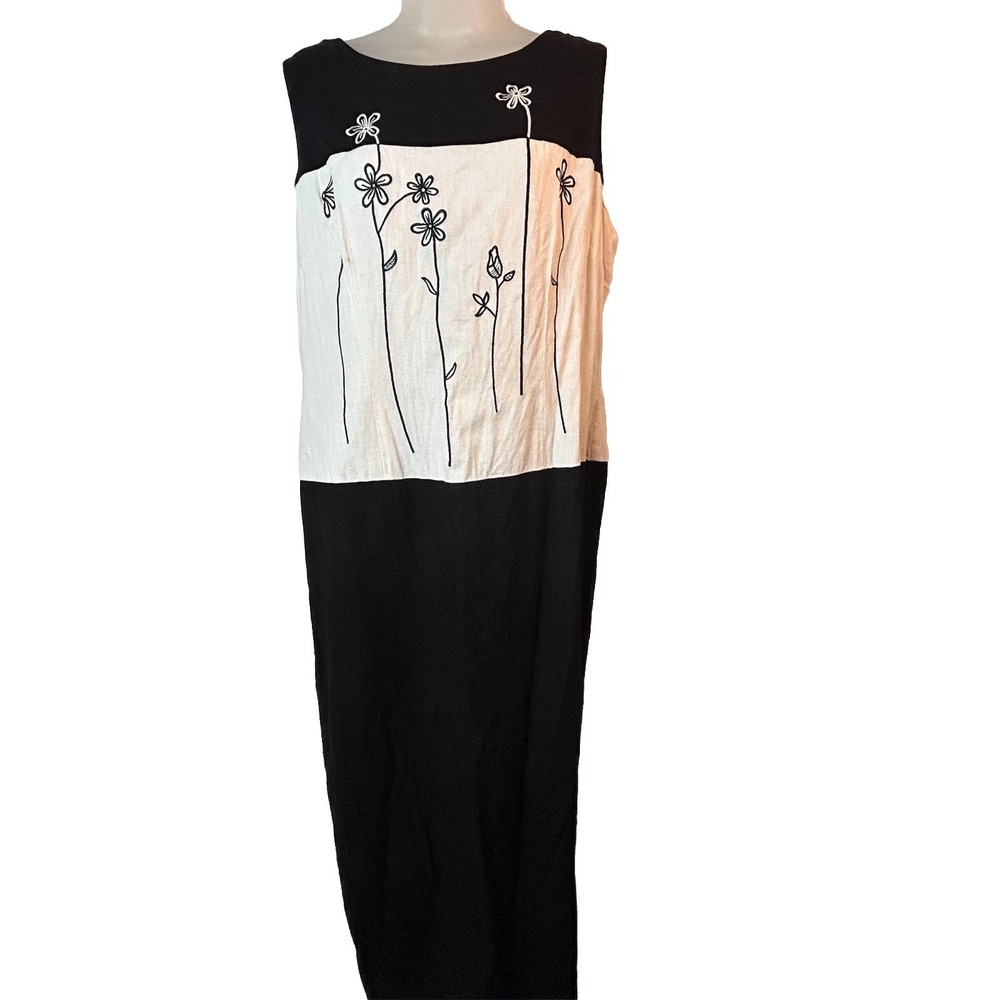 MHM Melissa Harper Maxi black White Sheath dress Linen Rayon Blend 14